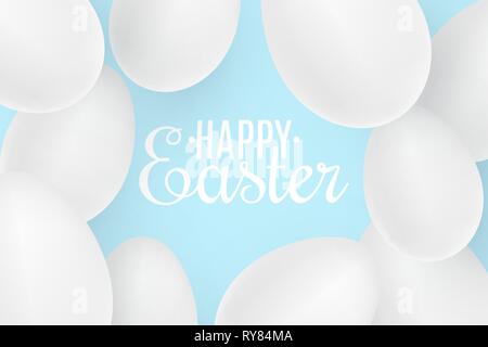 Realistic Easter white 3D eggs on blue background. Lettering text. Scattered eggs. Cover for happy easter. Festive web banner. Vector illustration. EP Stock Vector