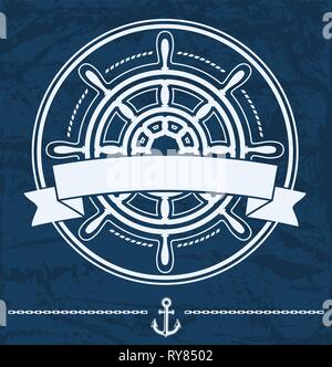 Ship steering wheel emblem with banner Stock Vector