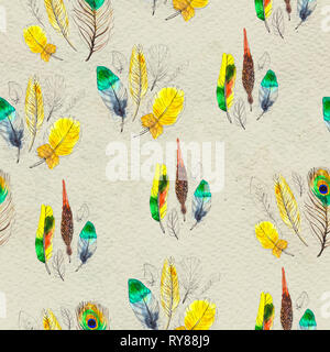 Watercolor seamless pattern. Hand painted texture with various multicolor bird feathers on craft paper background. Stock Photo