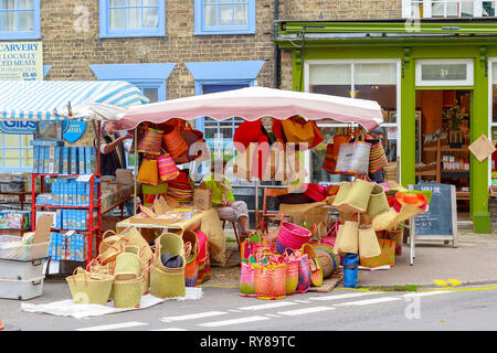 Southwold, UK - September 7, 18 - Street stall selling wicker woven baskets in the outdoor market of Southwold Stock Photo