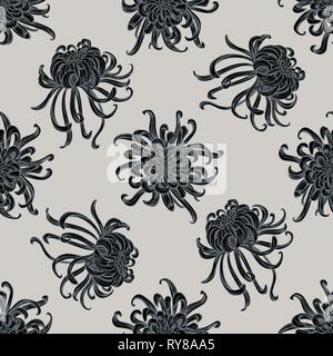 Seamless pattern with hand drawn stylized japanese chrysanthemum Stock Vector