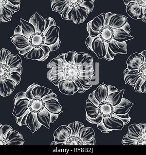 Seamless pattern with hand drawn chalk anemone Stock Vector