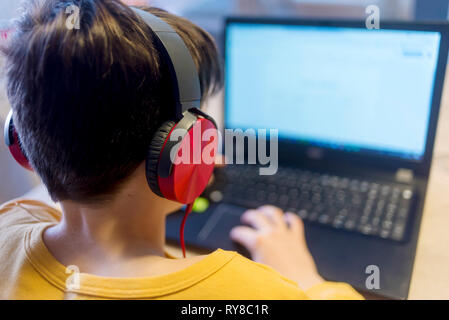 Boy learning using laptop computer at home Stock Photo