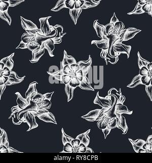 Seamless pattern with hand drawn chalk aquilegia Stock Vector