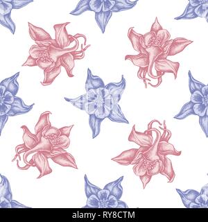 Seamless pattern with hand drawn pastel aquilegia Stock Vector