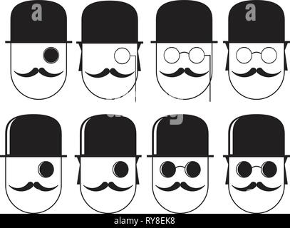 Set of images of men in pince-nez, hat and mustache, vector illustration Stock Vector