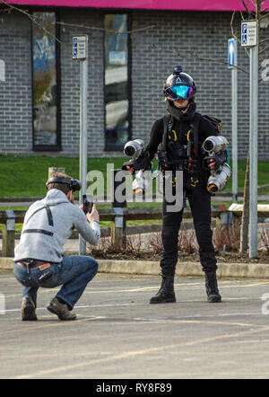 BASINGSTOKE, UK - MARCH 11, 2019:  Founder of Gravity Industries Richard Browning makes final preparations before pilot Ryan Hopgood demonstrates the  Stock Photo