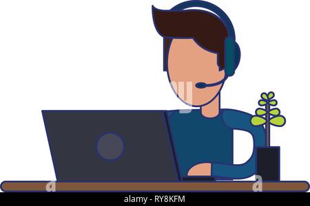 freelancer working with laptop on desk blue lines Stock Vector
