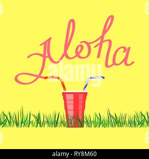 Lettering AlohaText with Red Plastic Cup. Hand Sketched Vacation Typography Sign for Badge, Icon, Banner Stock Vector