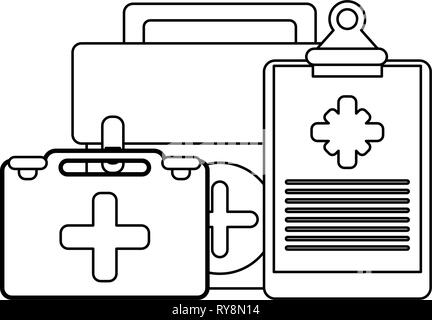 Medical healthcare supplies in black and white Stock Vector