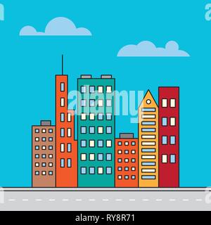 Filled line icon style flat colorful highrise buildings Stock Vector