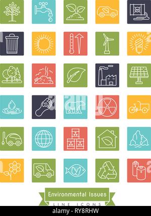 Collection of Environment and Climate related vector line icons in colored squares. Sustainability, global warming and climate change symbols. Stock Vector