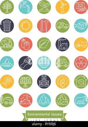 Collection of Environment and Climate related vector line icons in colored circles. Sustainability, global warming and polution symbols. Stock Vector