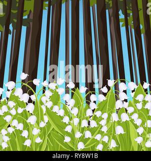 Lily of the valley spring tender flowers in a forest glade, vector illustration. White buds bluebells and green stalks leaves against a background of  Stock Vector