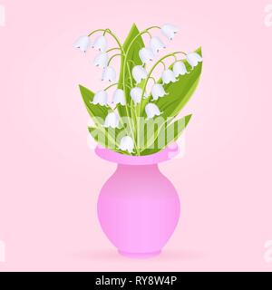 Lily of the valley, bouquet of delicate spring flowers in pink vase, vector illustration. White buds forest flowers bluebell, green stalk and leaves i Stock Vector