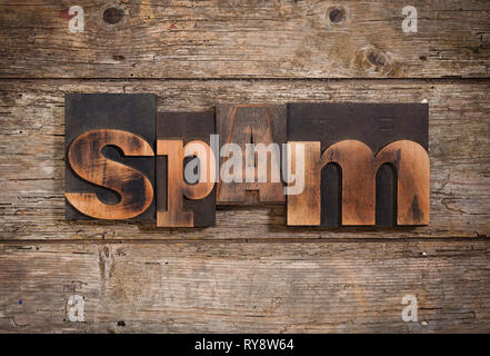 spam, single word set with vintage letterpress printing blocks on rustic wooden background Stock Photo