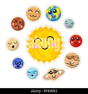 Set of bright cartoon planets of solar system with cute faces, stickers pack isolated on white Stock Vector