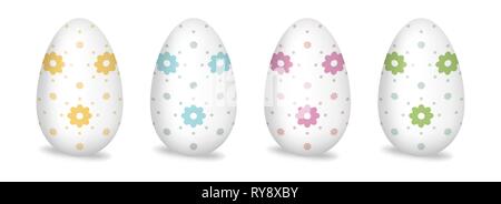 Paint patterned Easter eggs isolated on white background. Egg set with colorful spring flowers holiday decor Stock Vector