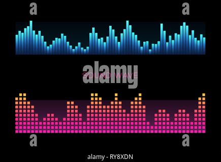 Colorful sound waves on black background set, audio player, equalizer Stock Vector
