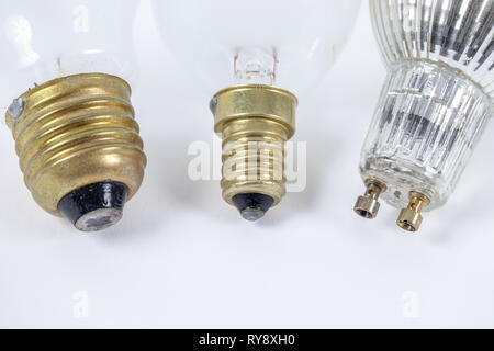 Three different types of light sources / lamp sockets. E27, E14 and GU10. Stock Photo