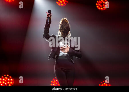 Milan, Italy, March 10, 2019, Alessandra Amoroso performs on stage at Mediolanum Forum, for her 10 Tour - Valeria Portinari Stock Photo