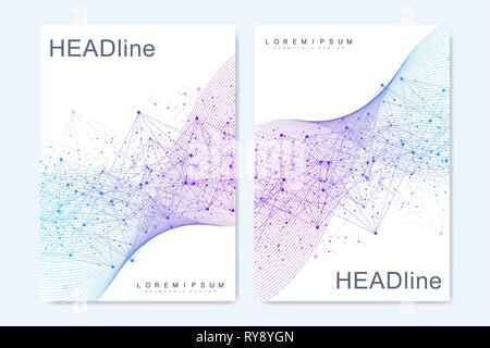 Business vector templates for brochure, cover, flyer, annual report, leaflet. Abstract composition with molecule structure, dots, lines. Wave flow Stock Vector