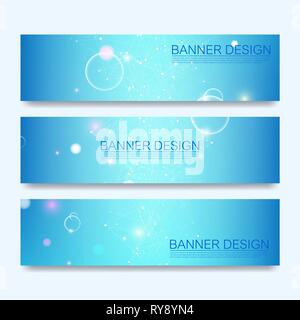 Abstract molecules banners set with lines, dots, circles, polygons. Vector design network communication background. Futuristic digital science Stock Vector
