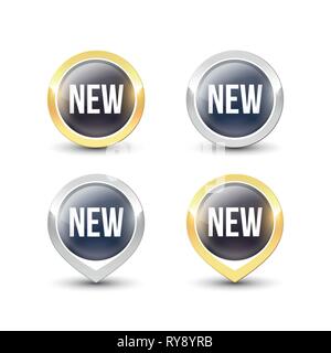 Black round NEW buttons and pointers with metallic gold and silver border. Vector label icons isolated on white background. Stock Vector