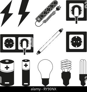 12 black and white electric elements set Stock Vector