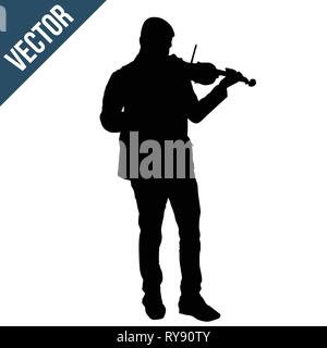 Man silhouette playing violin on white background, vector illustration Stock Vector