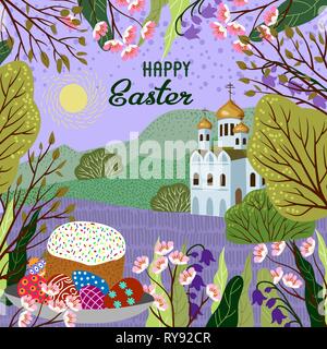 Easter. Vector cute illustration with nature landscape and church Stock Vector