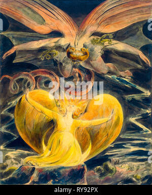 The Great Red Dragon and the Woman Clothed with the Sun, watercolour painting over pen and ink by William Blake, 1805 Stock Photo