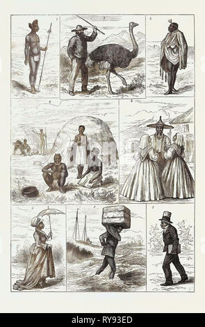 Sketches in South Africa: 1. Young Zulu Chief Natal 2. Kaffir Chief Robed in a Kaross of Jackal Skin 3. Dutch Boer with an Ostrich 4. Kaffir Kraal and Domestic Life 5. Malays at Capetown 6. Civilised Kaffir Belle in King William's Town 7. Civilised Kaffir Going to Church or Chapel 8. Fingo Landing Ship's Cargo Port Elizabeth 1879 Stock Photo