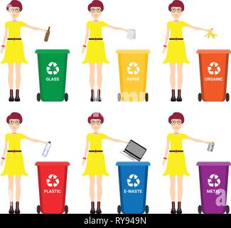 Caucasian woman throwing away garbage. Woman standing near six bins and throwing away garbage in an appropriate bin. Concept of garbage separation Stock Vector