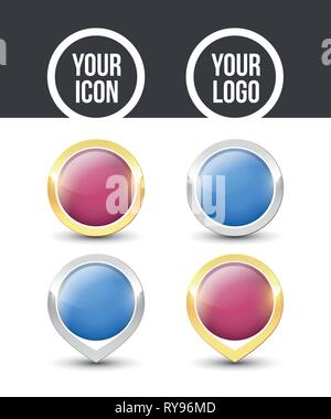 Purple and blue round buttons and pointers with metallic gold and silver border, empty to place your logo. Vector label icons isolated on white backgr Stock Vector