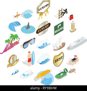 Surfing icons set, isometric style Stock Vector