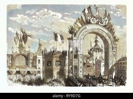 Entrance of the Queen of England at the Railway Station of Boulogne, France. Queen Victoria. Engraving 1855 Stock Photo