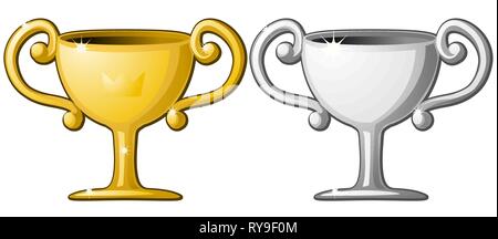 Award trophy cups silver and gold cartoon color vector illustration design element, horizontal, over white, isolated Stock Vector