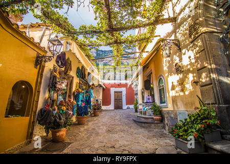 Positano, Italy - November, 2018: Beautiful houses and street in Positano shore, Amalfi coast, Italy Stock Photo