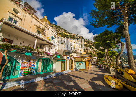 Positano, Italy - November, 2018: Beautiful houses and street in Positano shore, Amalfi coast, Italy Stock Photo