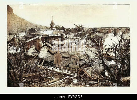 The Hurricane in Mauritius: Views of the Ruins in Port Louis: Ruins of the Western Wing of the Cathedral-Aided Schools, Showing the Spire of St. James's Cathedral, 1892 Engraving Stock Photo