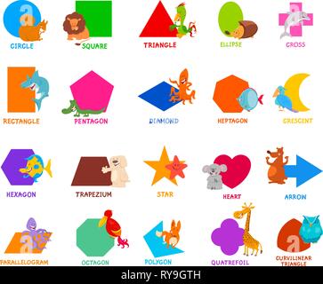 Cartoon Illustration of Educational Basic Geometric Shapes for Preschool or Elementary School Children with Cute Animal Characters Stock Vector