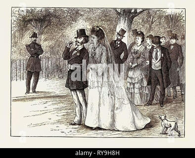 Pictures of Parisian Life: A Wedding Party in the Bois De Boulogne, a Formidable Revolution is Reported from Paris, the Abandonment of False Hair. This Innovation is Due to a Clique of Youthful Brides of This Year, Who, Objecting to Their Heads Being Used As Mere Hairdressers' Blocks, and Desirous to Show Their Natural Capillary Advantages Without Over Ornament or Exaggeration, Have Begun a Crusade against Falsities, and Wear Their Own Hair in As Simple a Fashion As Possible. Maried Ladies of Long Standing, Jealous of the Success Thus Attained by Their Younger Sisters, Are Fast Following Suit Stock Photo