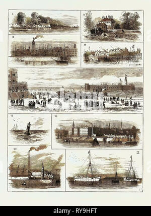 H.R.H. The Duke of Edinburgh at Liverpool, Jottings on the Mersey 1. Banks Near Eastham. 2. Eastham. 3. Birkenhead Warehouses and Water Tower (Hydraulic). 4. New Ferry. 5. New Brighton Sands, &C. 6. Bell Buoy, Mouth of the Mersey. 7. Albert Docks. 8. The Vauxhall Chimney (Chemical Works). 9. Powder Magazines, Tenders, and Beeston Hills Stock Photo