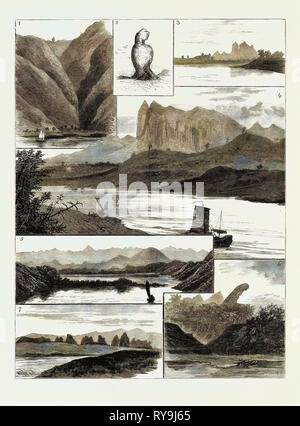 The Colquhoun-Wahab Expedition Through China, Scenes on the Canton River: 1. In the Shau-Hing Gorge: 'the Expectant Wife.', 2. Enlarged Sketch of 'the Expectant Wife.', 3. View of the Pak-Shik-Shan, or 'White Stone Mountain,' from Tai-Wong, 4. Another View of the Pak-Shik-Shan at a Distance of Twenty Miles, 5. View at Daybreak from Mong-Kong, 6. 'the Detained Husband,' Near Tsun-Pan-Hill, 7. Rugged Isolated 'Needled' Limestone Peaks Near Kwei-Yuen Stock Photo