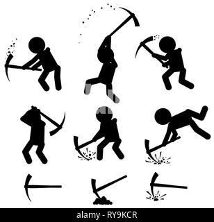 Mining working figures with pickaxes, seamless texture pattern, vector illustration black and white, horizontal background Stock Vector