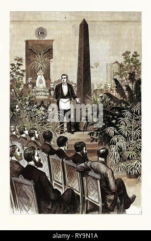 New York: Reception of Lt.-Com. Gorringe, U.S.N., by Anglo-Saxon Lodge, No. 137, F. And A. M., Brooklyn, September 1st. Explaining the Masonic Emblems on the Egyptian Obelisk. U.S., Engraving 1880 1881 Stock Photo