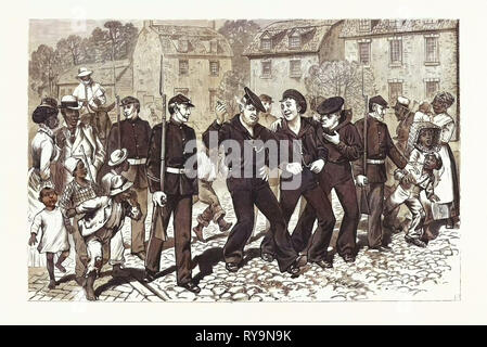 Virginia: After the Naval Review at Hampton Roads, Marines Gathering Delinquent Sailors in the Streets of Norfolk. U.S., Engraving 1880 1881 Stock Photo