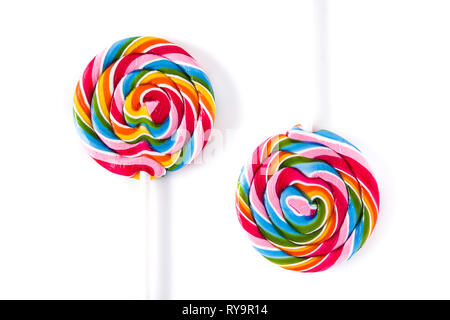Colorful lollipops isolated on white background. Top view. Stock Photo