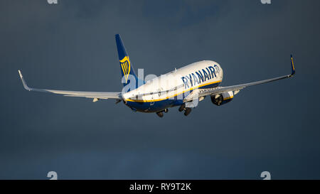 Prestwick, UK. 7 March 2019. Ryanair Flight Boeing 737-8AS (Reg: EI-FIL) departing Prestwick International Airport. This aircraft is a next generation Stock Photo